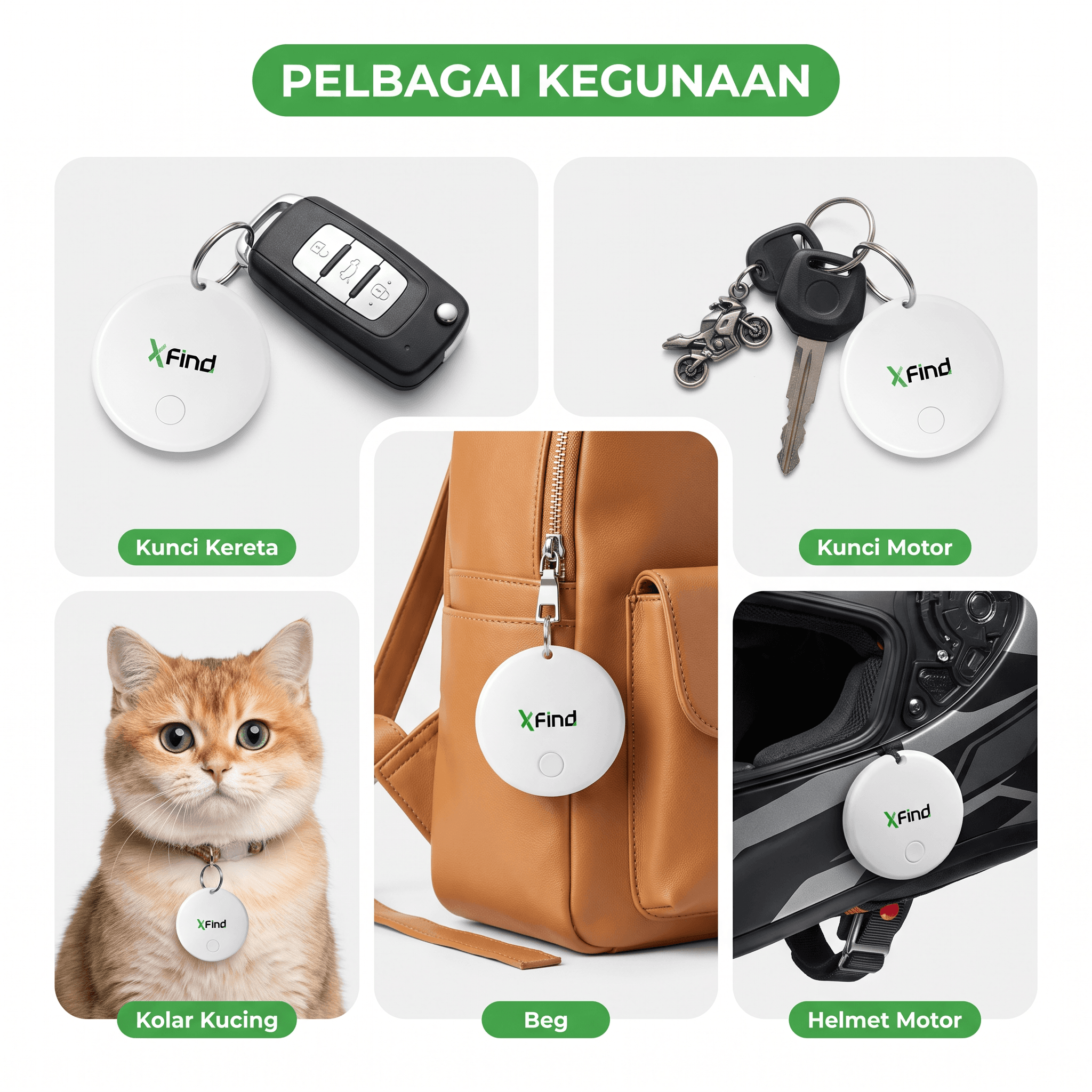 Pelbagai kegunaan XFind pada kunci, beg, kucing dan helmet
